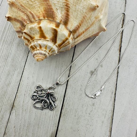 Octopus Sterling Silver Necklace Rounded Box Chain - Picture 4 of 11